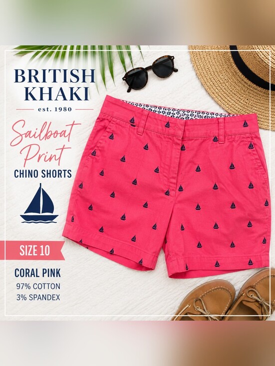 British Khaki Pants - British Khaki Coral Pink Sailboat Print Chino Shorts Size 10 Preppy Coastal